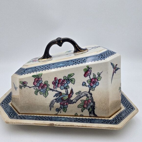 Vintage Ceramic Cheese Dish/ Butter Dish Floral Bird Design Blue Lined England - Picture 2 of 13